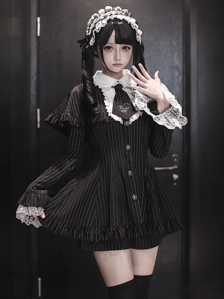 [$68.00]Jirai Kei Black Striped Ensemble - Bell Sleeves Mini Cape Dress & Shorts with Detachable Embroidered Tie