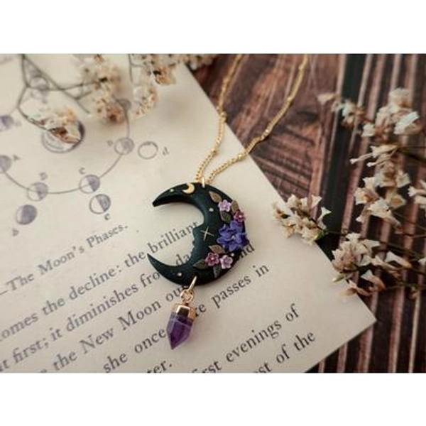 Mystical dark forest Moon necklace Pendulum with purple flowers | Dark cottagecore witch collection | stainless steel polymer clay jewelry