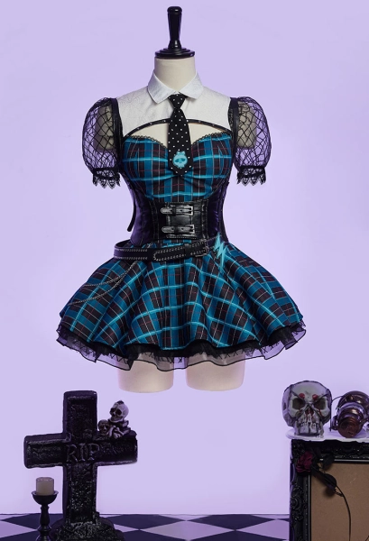 MH Frankie Derivative Gothic Blue and Black Plaid Dress Dark-style Patchwork Dress with Waist Girdle and Tie