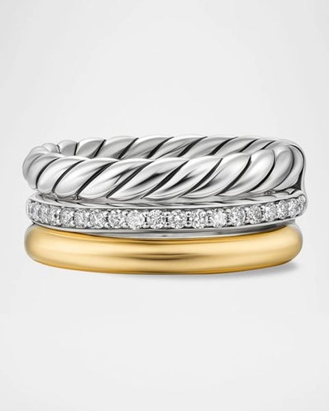 David Yurman Mercer 3-Row Ring with Diamonds in Silver and 18K Gold, 9mm