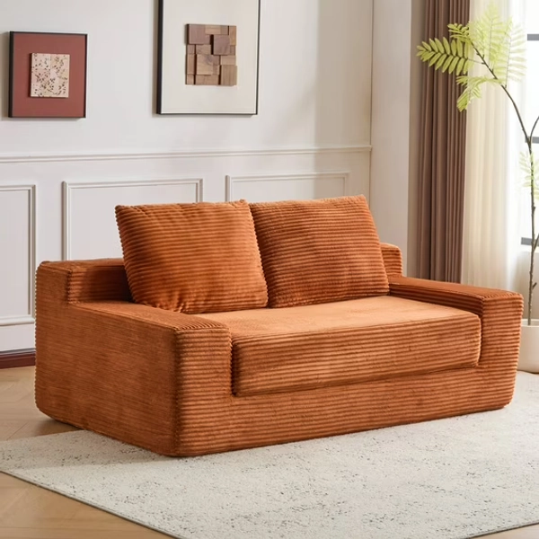 Living Room Sofas Loveseat Sofa, Comfortable Deep Seat Sofa Bed, Modern Small Corduroy Couch for Living Room Bedroom,Reversible Cushion with Pillows,No Assembly Required,Orange,Comfortable Sofas