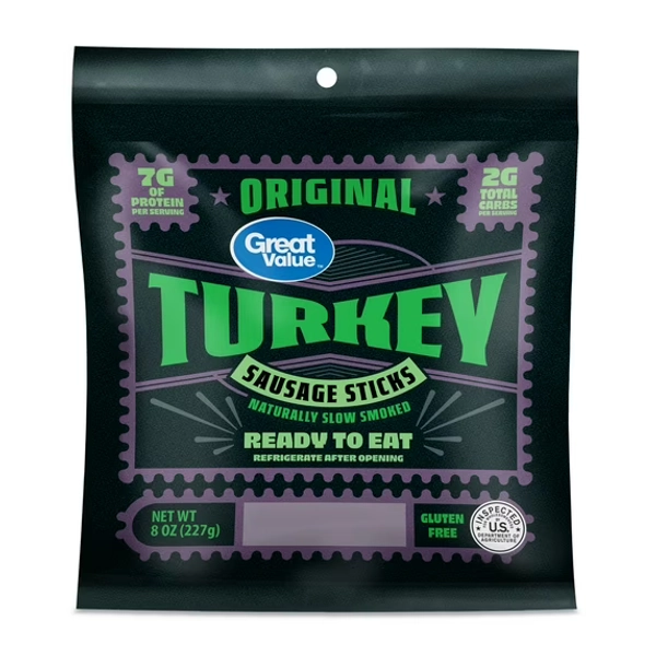 Great Value Original Turkey Sausage Sticks, Fully Cooked, 8 oz (Resealable Plastic Package)