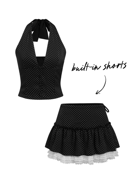 Halter V-neck Polka Dot Crop Top & Mid Rise Lace Trim Mini Skort Set