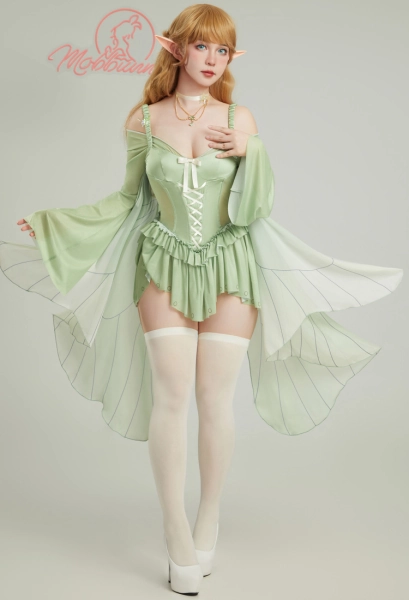 Elf Lingerie Set Green Ruffle Elegant Bodysuit and Necklace with Stockings