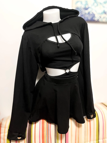 Women's 4-in-1 Festival Outfit – Crop Top with Snap Hook + Shorts with Pockets + Skater Skirt + Hoodie, Customizable, Bold & Festival-Ready