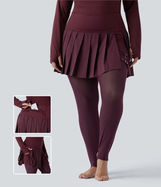 Breezeful™ High Waisted Pleated 2-in-1 Contrast Mesh Quick Dry Dance Plus Size Stirrup Skirted Leggings with Pockets