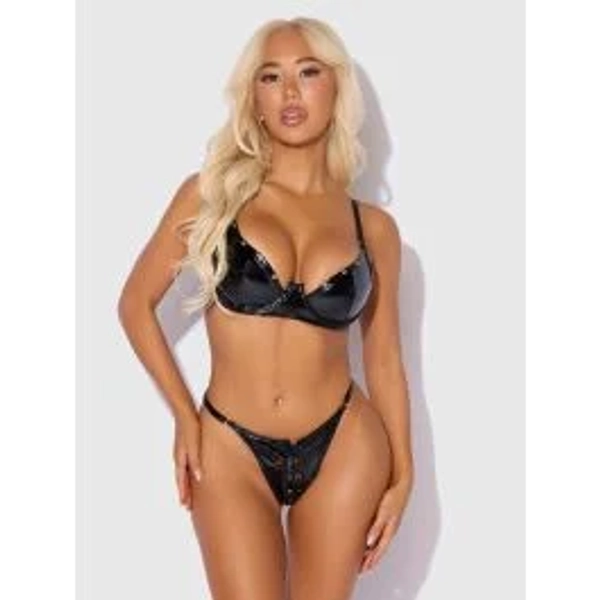 House of Desire Trinity Patent Bra & Lace Up Crotchless Panty Set