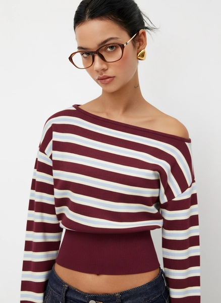 Knit Asymmetrical Neck Striped Sweater