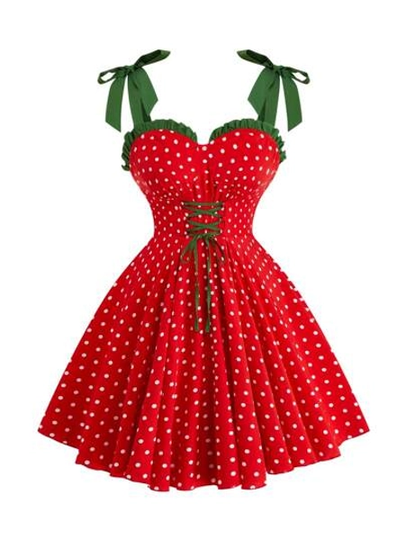 Sweetra Plus Size Cute Polka Dot Print Colorblock Cami Dress