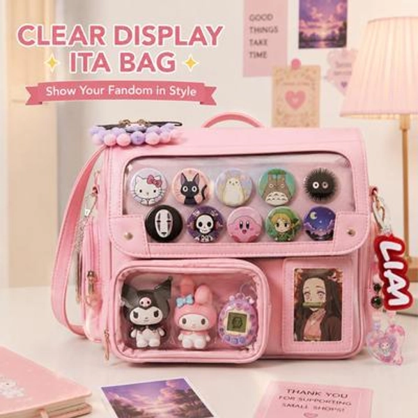 Rosa Ita Bag Rucksack, Multi Clear Display Fenster, Kawaii Anime Pin und Plüsch Tasche, Ita Alltag Tasche, Crossbody Messenger Bag für Sammler