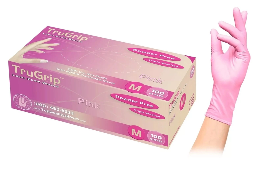 TruGrip Pink Extra Small Latex Exam Gloves Powder Free 100 Size XS