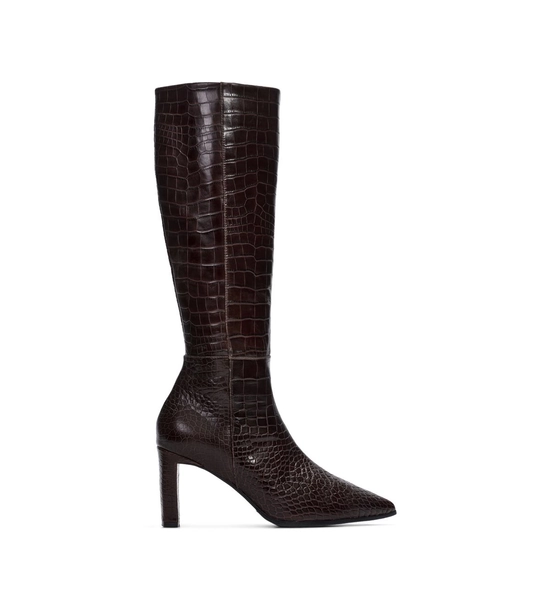 Pandion Chocolate Brown Croc Emboss Leather Knee High Boots