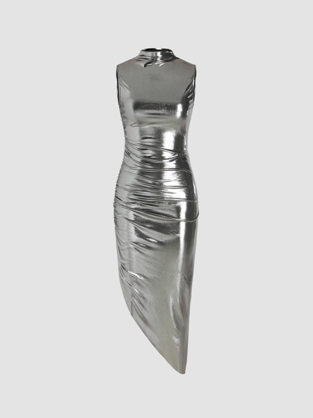 High Neck Metallic Ruched Midi Dress