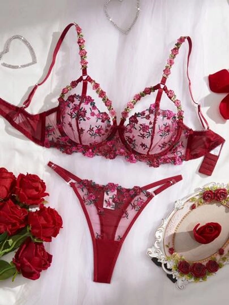 Women 2pcs Lingerie Set: Red Floral Embroidery Bra & Mesh Sheer Panty, Padded Cups Cleavage Enhancing, Intimate Sleepwear, Valentine's Day Gift, Rave