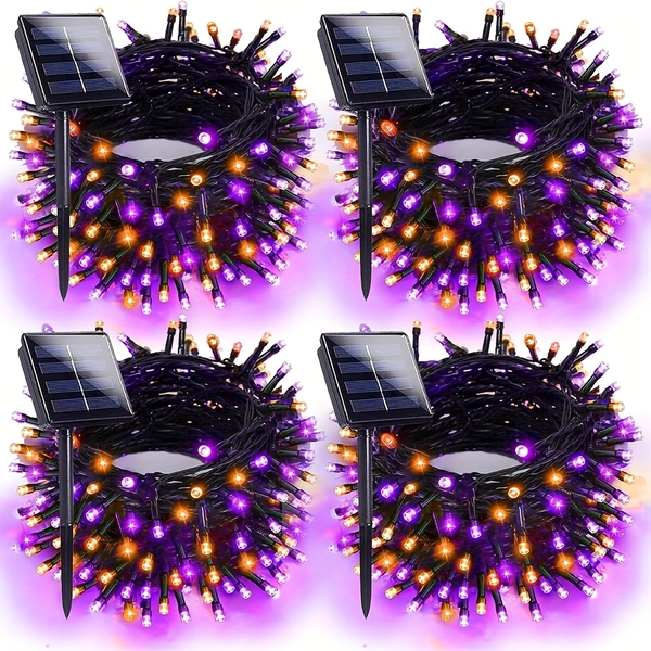 TEMU 4pack Orange Purple Solar For Halloween Lights Outdoor Waterproof Ip65, 480led 160ft Solar Powered Led String Lights Black Wire With 8 , 800lm