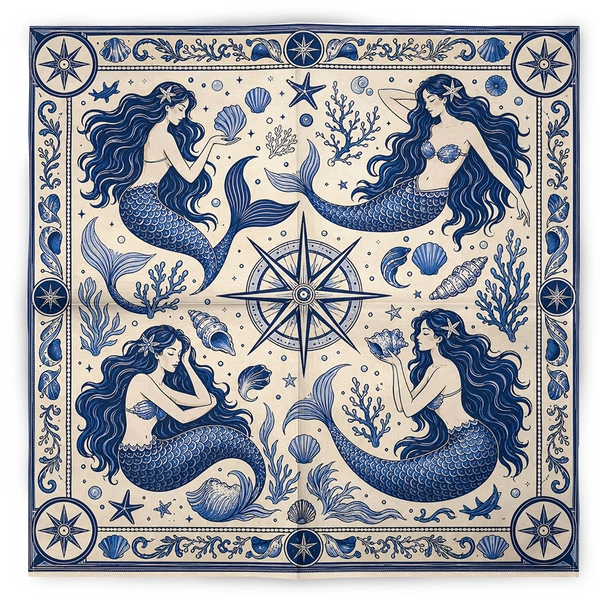 TEMU Blue And White Mermaid Nautical Vintage Fashion Scarf Bandana