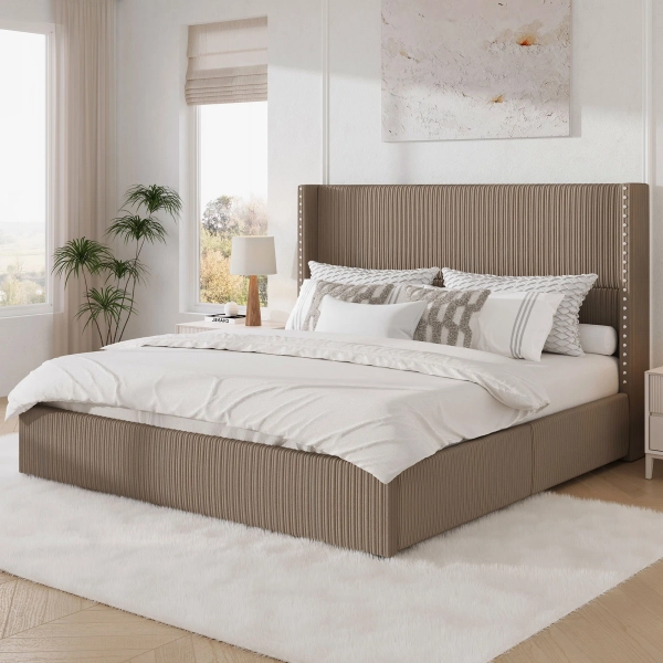 Latitude Run® Upholstered Corduroy Bed Frame With 4 Storage Drawers,With Vertical Stripe Wingback Headboard & Reviews | Wayfair