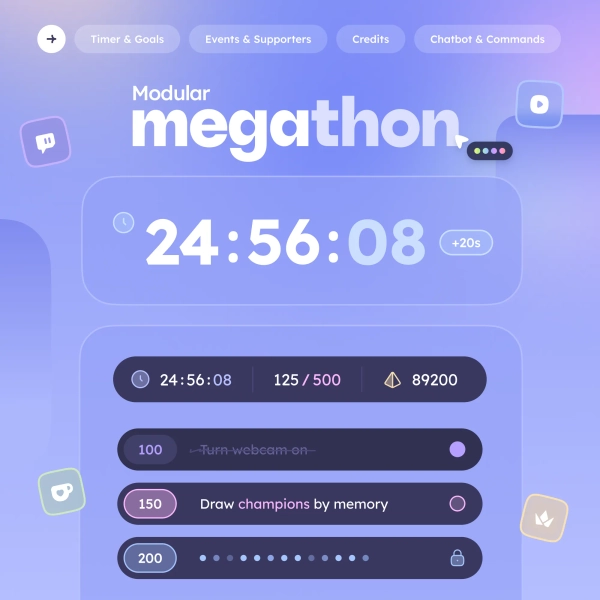 Modular Megathon โข Up to (100) Goals โข Timer, Top Supporters, Total Events & More โข Twitch Youtube Ko-fi Pally Throne โฎ Streamelements OBS by sayonani (@sayonani)