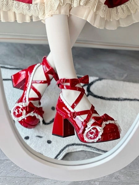 Wine Red Crisscross Design Bunny Ear Bowknot Sweet 8CM High Block Heels