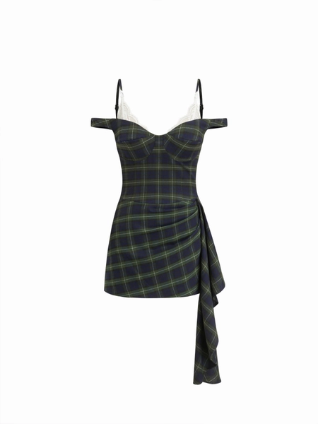 Sweetheart Plaid Lace Trim Ruched Mini Dress