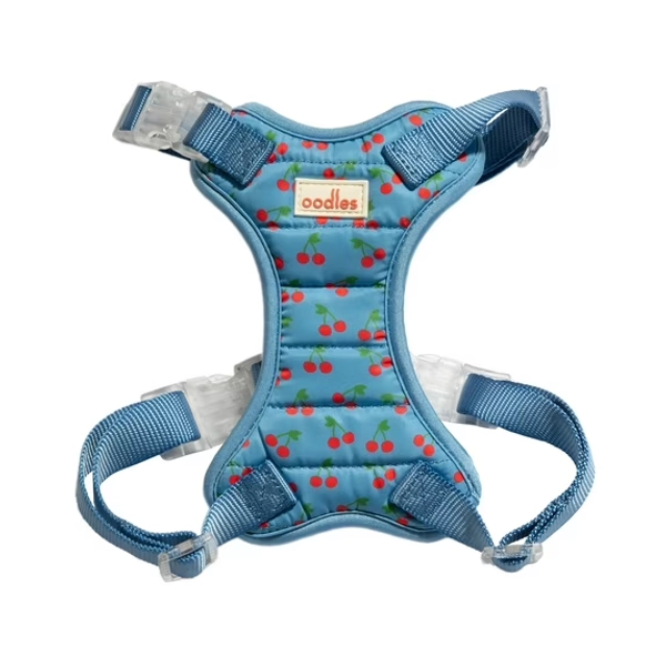 Oodles Blue Tart Cherries Quilted Adjustable Dog Harness, Small