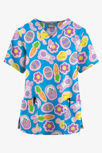 Butter-Soft Originals Easter Cookies Turquoise Women's 2-Pocket V-Neck Print Scrub Top