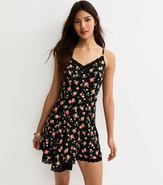 Black Rose Pattern Lace Trim Mini Dress