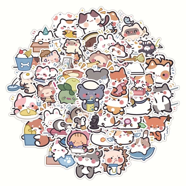 60PCS Cute Animal Stickers Chibi Cat Bunny Fox Decal Waterproof Decals