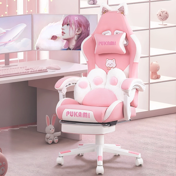 Gaming Chair with Cat Ears And Cat Paw Cushion Pillow, Cute Computer Chair for Girl with Footrest, Ergonomic Gamer Chair, Kawaii Gaming Chair, Reclining Game