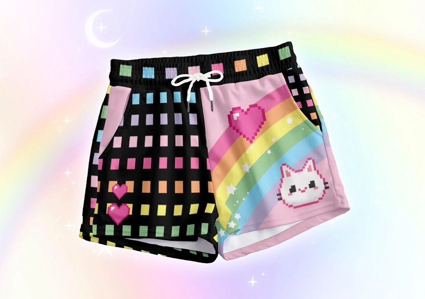 Pixel Cat Harajuku Shorts, Arcade Gamer Decora Kei Shorts, Yami Kawaii Kitty Japanese Streetwear, Cute Pastel Goth Colorful Rainbow Shorts - Etsy