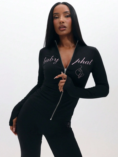 BABYPHAT Long Sleeve Zip Up Top With Script Print And Logo Detail For Casual Everyday Wear