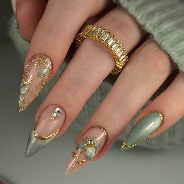 TEMU 24pcs Long Stiletto Cat Eye -on Nails With Tips & Gel Polish - Green & Golden Acrylic Fake Nails Suitable For Daily Wear, Parties, Spring/summer