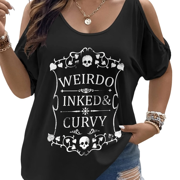 TEMU Plus Size, Women's Plus Size Gothic Graphic T-shirt - Weirdoinked Curvy Off-shoulder Cold Shoulder Top, Lightweight Bodycon Shirt For Curvy
