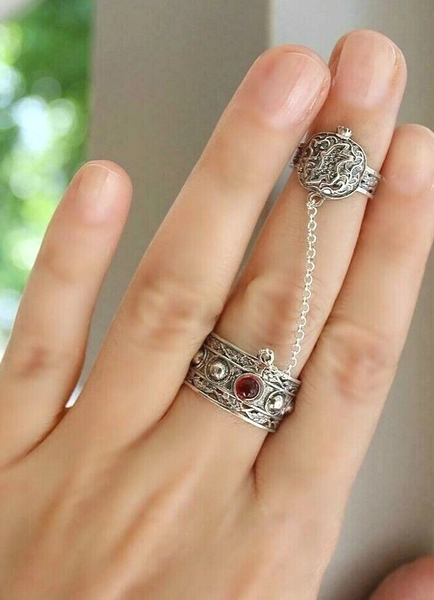 Armenian Spirit Double ring adjustable Finger Armor shield Silver 925 onyx NEW