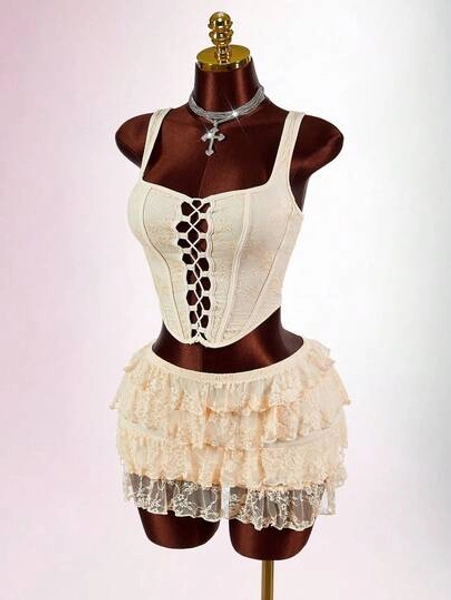  Lace Square Neck Top & A-Line Midi Skirt 2 Pieces 