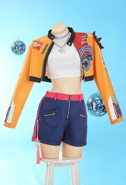 Premium Ver Kpop Slayers Leader Vocal Cosplay Costume Lining and Jacket with Short Pants and Necklace
