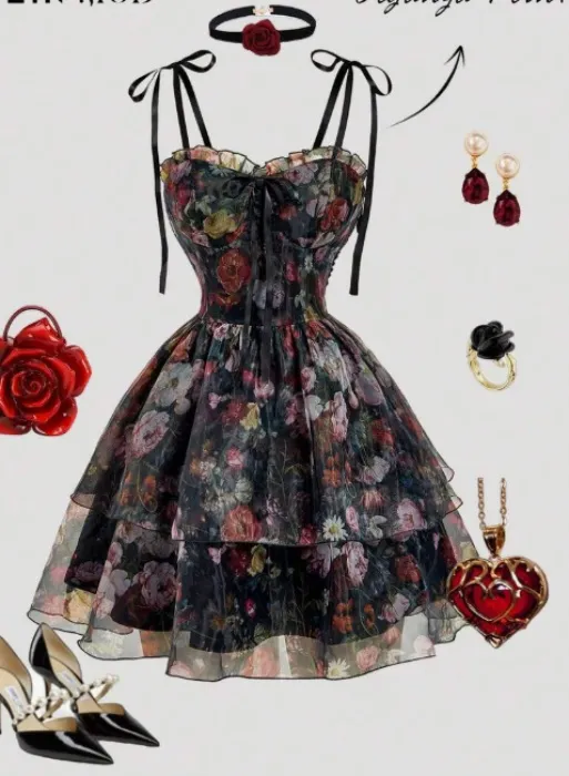 Vintage Romantic Oil Painting Floral Print Slip Dres