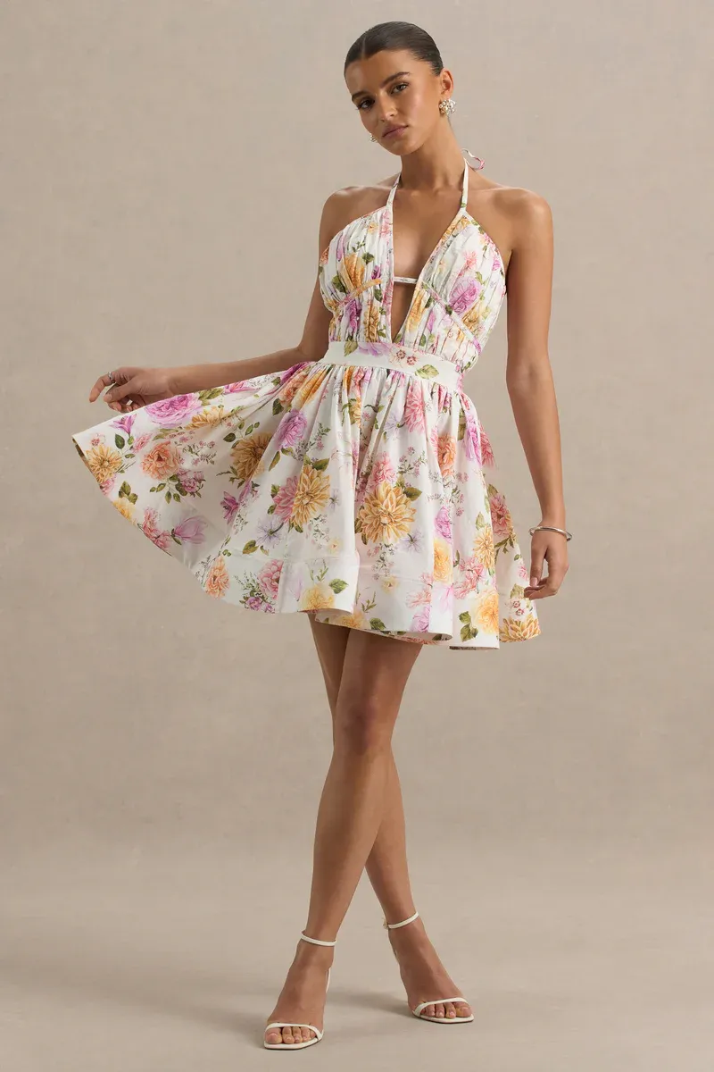 Kasey | Cream Floral Print Halter-Neck Mini Dress With Ruffle Detail | UK 14 / CREAM FLORAL PRINT