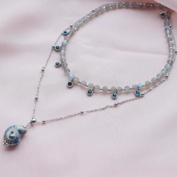 Silver Shell Pendant Necklace and Labradorite Choker Set