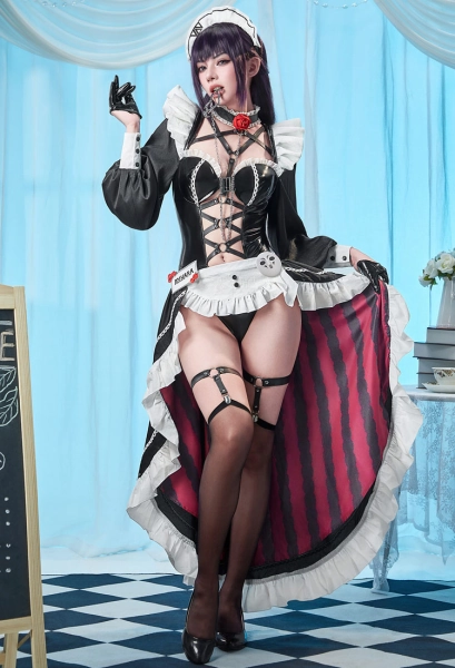 Nikke Mihara Coffee Maid Cosplay Costume Bodysuit with Apron and Hair Band