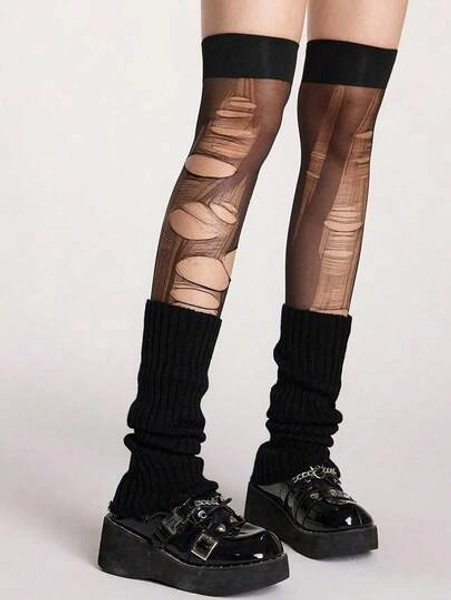 Goth 1 par de medias negras minimalistas sobre la rodilla + 1 par de cubiertas de pierna de punto de color negro sólido, combinación de apilamiento de medias y cubiertas de pierna de unicolor estilo Y2K, conjunto de cubiertas de pierna de mallas transparentes elásticas delgadas, adecuado para uso diario (la imagen solo muestra el efecto, el producto real debe ser rasgado por el cliente)
