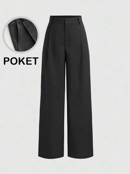 Vela Rue Hook & Zip Closure Slim Fit Solid Black Dress Pants, Wide Leg Flattering Trousers, Suitable For All Seasons