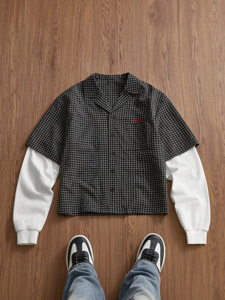 SWAVVY Men's Plaid Patchwork Casual Long Sleeve Shirt