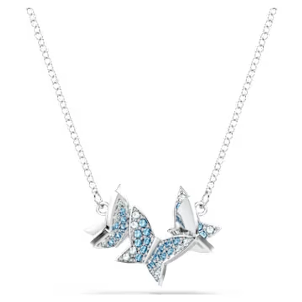 Idyllia Lilia necklace, Butterfly, Blue, Rhodium plated