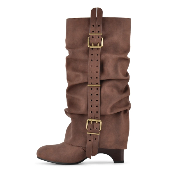 Round Toe Ruched Buckle Strap Knee High Boots