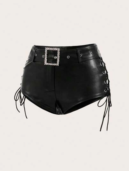 Low Waist Cross Strap Belt Pu Black Hot Shorts