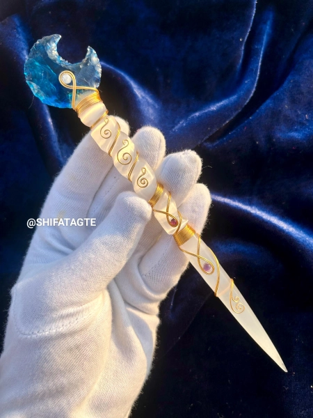 Handcrafted Selenite & Blue Opalite Moon Wand: Wire Wrapped Crystal