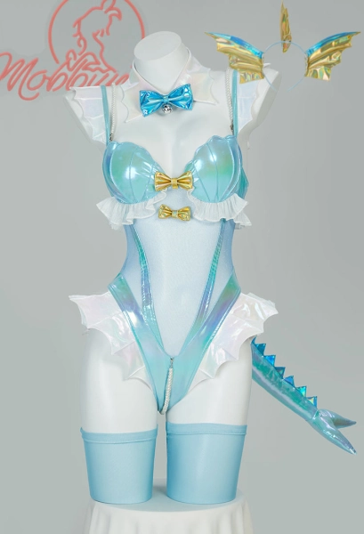 PM Vaporeon Dérivé Combinaison de Lingerie Sexy Combinaison Illustré en Cuir Brillant avec Têtière et Col