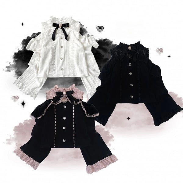 [$22.00]3 Colors Jirai Kei Heart Rhinestone Button Lace Cutout Shoulder Blouse