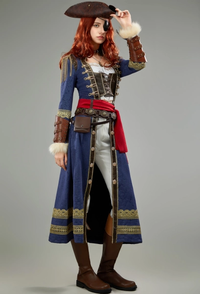 Halloween Cosplay Costume Medieval Women Pirate Suit Innershirt and Jacket with Eye Mask Waistband